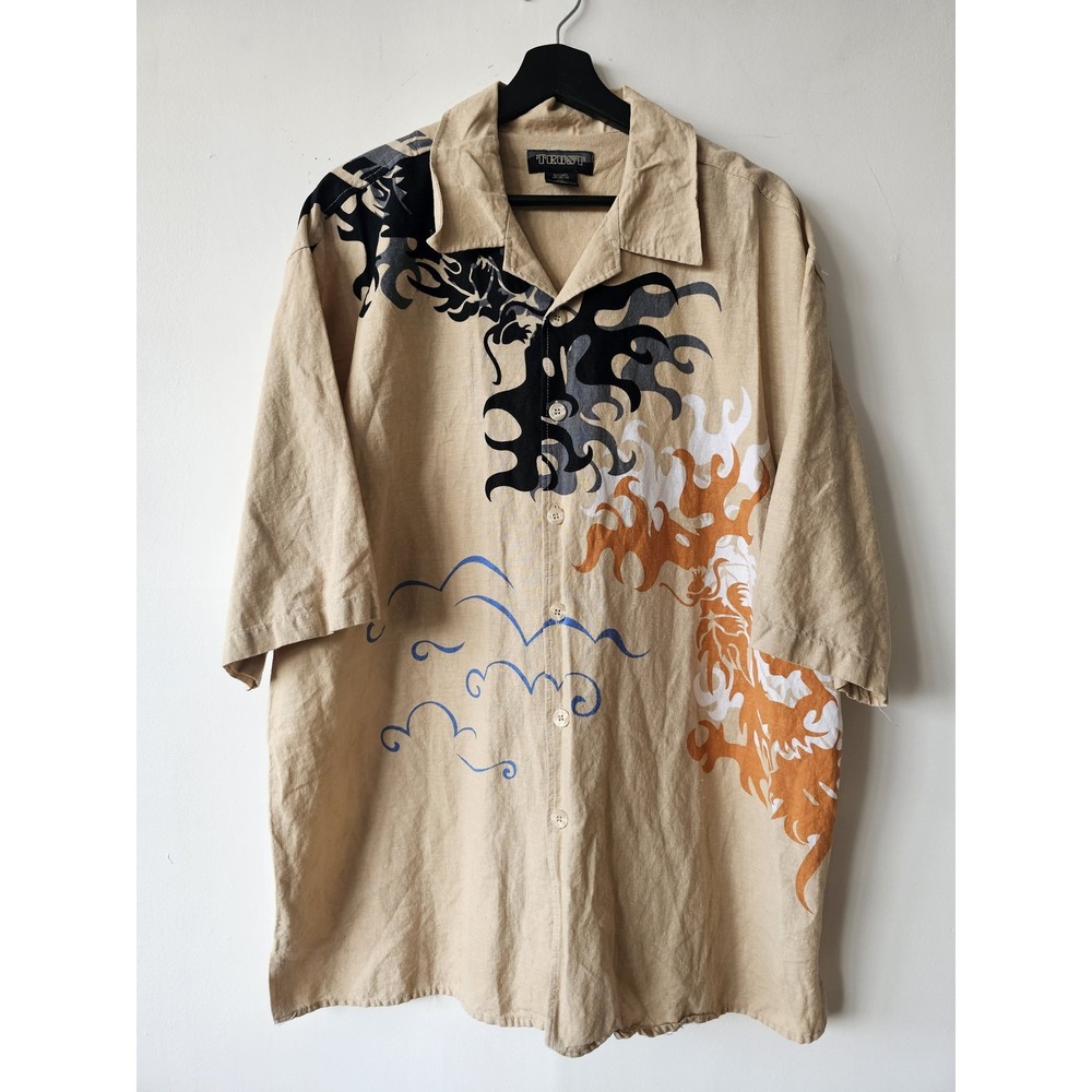 Trust Shirt Mens 2XL Beige Linen Blend Dragon Print‎ Short Sleeve Button Up Top